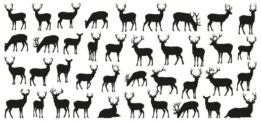 Deer silhouettes in various poses such as standing, walking, and grazing. Perfect for hunting themes, wildlife graphics, and forest designs