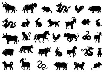 Fototapeta premium Chinese zodiac animal silhouettes including dragon, rat, ox, tiger, rabbit, snake, horse, goat, monkey, rooster, dog, and pig