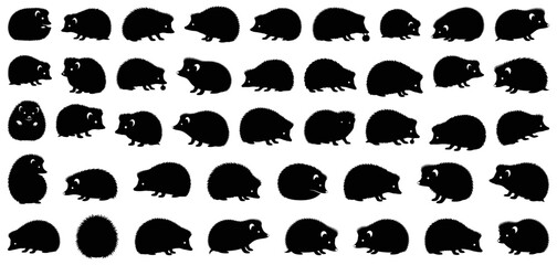 Hedgehog silhouette collection showing different poses and movements, including walking, sitting, curling into a ball, and eating. The set combines cartoon and realistic styles for wildlife, pet care