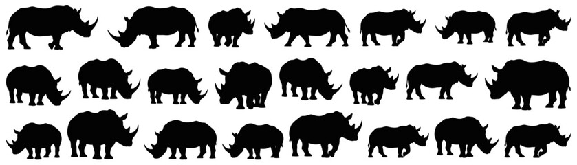 Rhino silhouette collection showing walking, grazing, and standing rhinoceroses in side and front views. Suitable for African safari designs, wildlife conservation projects