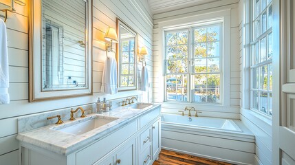Fototapeta premium Bright bathroom with double vanity, marble top, shiplap walls, tub, window