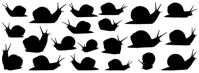 Snail silhouettes collection depicting snails crawling in different positions, including front and side views. Great for nature, garden, or educational materials