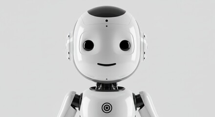 A white robot with a smiling face is shown against a white background.