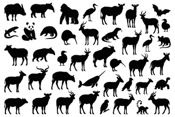 Endangered animals silhouettes collection featuring rare and exotic species from around the world. Ideal for wildlife conservation, education, and nature themes