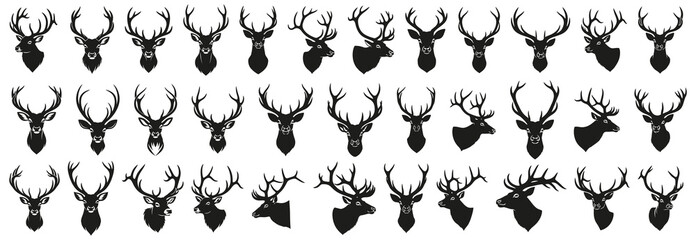 Deer head silhouettes collection of different antler shapes and poses, perfect for hunting, wildlife, and forest design themes. Ideal for logos, tattoos, and badges