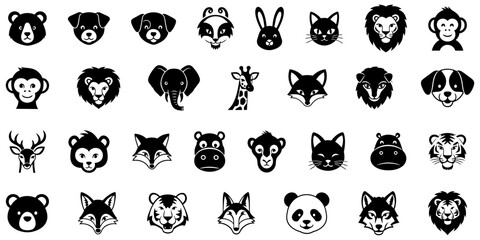 Animal faces silhouettes collection cute animal head icons, zoo and wild animal faces