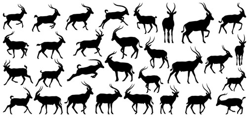 Antelope silhouettes collection running and standing antelope, gazelle and wild deer icons, savannah animal silhouettes, horned wildlife