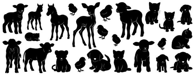 Baby animals silhouettes including kittens, puppies, chicks, lambs, calves, and fawns in various cute poses