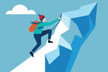 Obraz premium Mountain Climber Vector Illustration: Person Climbing Snowy Peak with Backpack, Winter Adventure, Flat Design Style