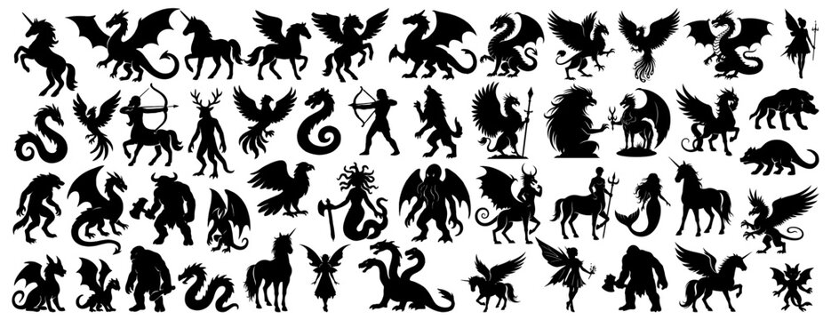 Fantasy creature silhouettes collection with dragons, unicorns, griffins, centaurs, and mythical beasts. Perfect for fantasy themes, storytelling