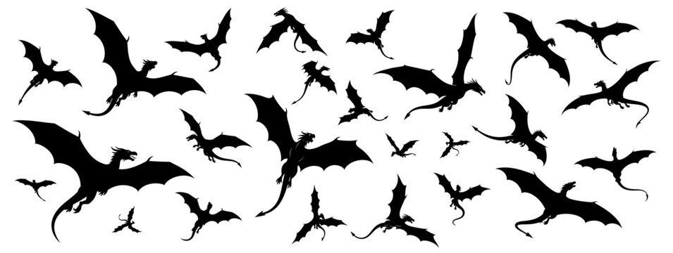Flying dragon silhouettes collection fantasy dragon illustrations in flight, mythical creature icons, winged reptile symbols, legendary beast