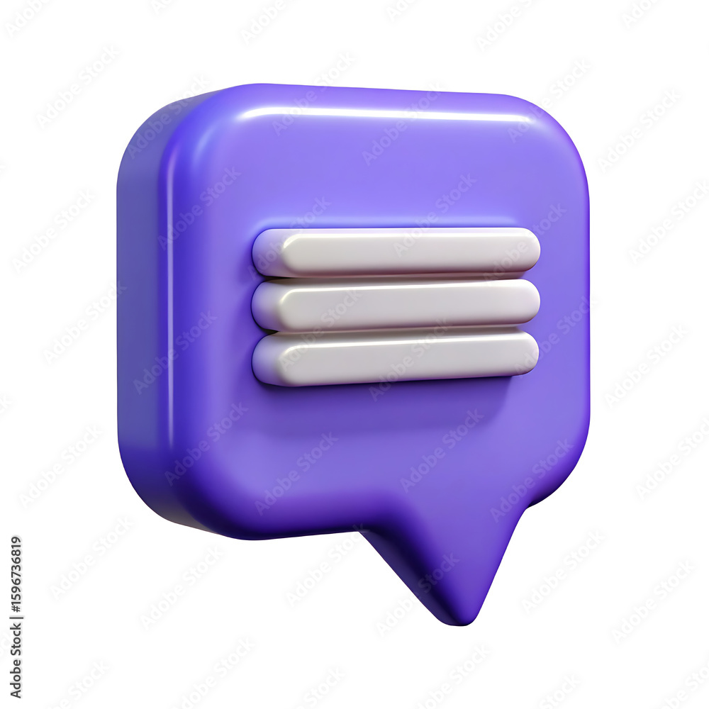 Fototapete 3d rendering of a purple speech bubble icon with text lines on a white background for communication 