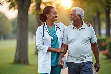 African-American Caregiver Supports Senior Man in Retirement Home with Healthcare Insurance, Alongside Female Medical Worker Providing Alzheimer's Male with Hospice Care