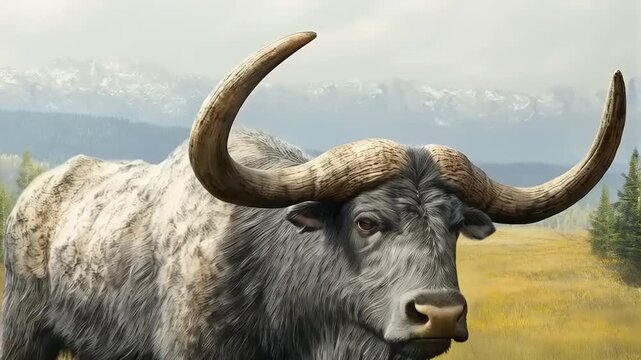 Majestic Aurochs Roaming Serene Landscape of Yellow Field with Mountain Backdrop