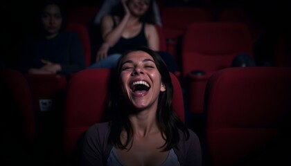 Young woman bursts into laughter while watching comedy movie in dark cinema, flickering light of screen dancing on her joyful beautiful charming face in expressive cinematic close-up