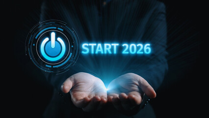 Start 2025 concept with futuristic power button symbolizing fresh beginnings, innovation, and...