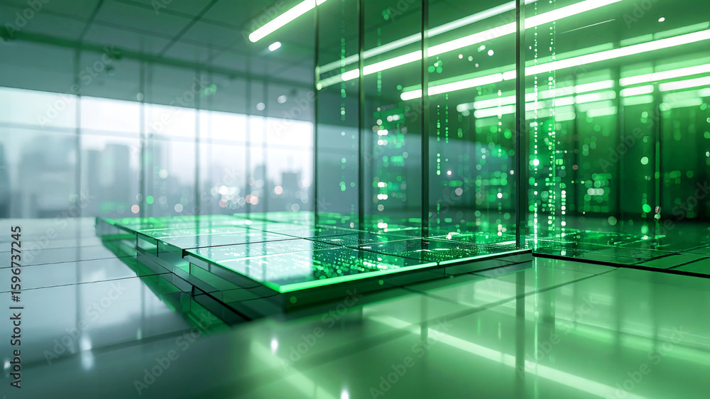 Aufkleber a futuristic server room with glass walls and reflective floors, bathed in green light. abstract dig