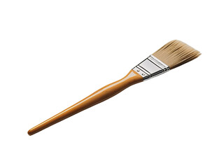 A paint brush with tan bristles and a wooden handle set against a stark black background