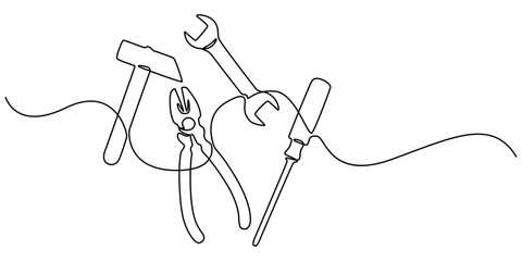 tools continuous one line drawing, hammer, pliers, screw driver, wrench set. Continuous one line drawing of handyman tools set and handwritten text "Father's Day", suitable for Father's Day greeting.