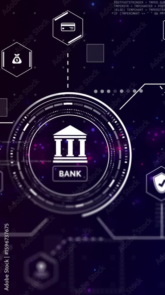 Poster digital network showing banking technology icons connected in animation background