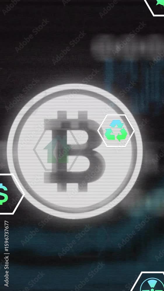 Poster bitcoin symbol surrounded by digital network elements and various icons in animation