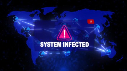 System Infected Alert Warning Message Attack on World map. Wire frame Radar Network Seamless loop Motion Background. UI Elements HUD Sci Fi interface. Digital global world map and technology concept. - Powered by Adobe