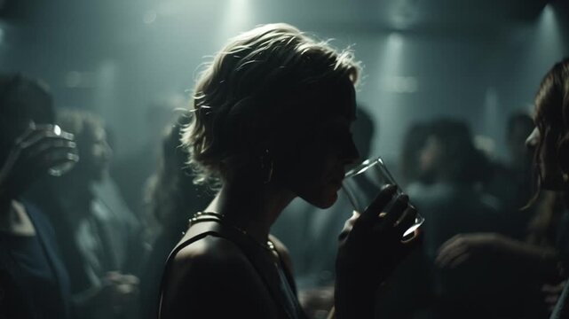 Women slowly sips her drink while the crowded bar has commotion in the background