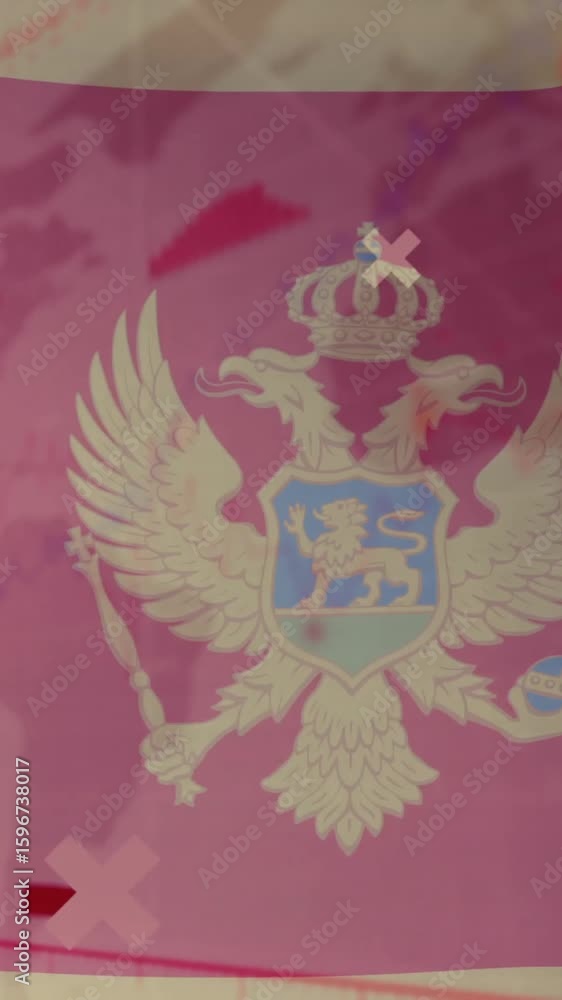 Aufkleber animation of montenegro coat of arms with red bar graph and world map background
