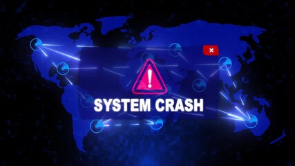 SYSTEM CRASH Alert Warning Message Attack on World map. Wire frame Radar Network Seamless loop Motion Background. UI Elements HUD Sci Fi interface. Digital global world map and technology concept. - Powered by Adobe
