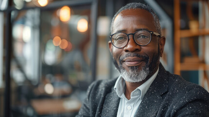 Fototapeta premium Confident professional with glasses in a relaxed setting, radiating experience and approachability.