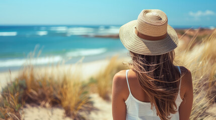 Woman in hat gazing at the ocean on a sunny day, enjoying the view and serenity of the beach.
