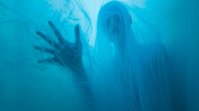 seance ectoplasm ghost photo style, blue gel lighting