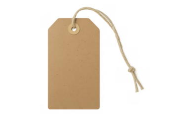 Rustic brown paper tag hanging from natural twine, floating against transparent backdrop, perfect for craft packaging and branding design
