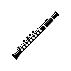 A detailed depiction of an oboe musical instrument, isolated on a flat surface, showcasing its intricate design and elegance. The oboe's keys and body are carefully presented