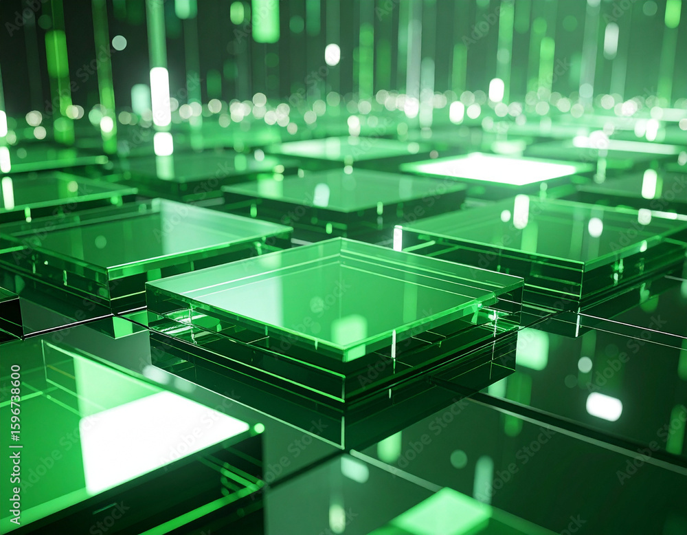 Aufkleber an abstract image featuring a grid of translucent green squares, some subtly glowing from within, ar
