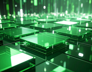 An abstract image featuring a grid of translucent green squares, some subtly glowing from within, arranged on a darker green reflective surface