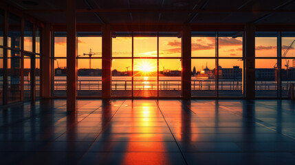 Fototapeta premium Interior view of building overlooking waterfront at sunset, with vibrant colors and reflective floor.