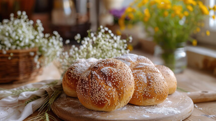 Sesame buns dusted with flour on a wooden board against a floral background in a warm kitchen.