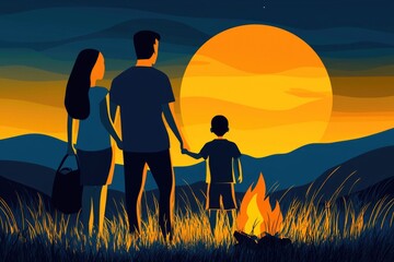 A Family Enjoying a Serene Evening by the Campfire, Embracing the Warmth of Togetherness Under a Vibrant Sunset in the Great Outdoors