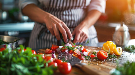 Hands preparing a colorful salad on a cutting board, surrounded by fresh vegetables and herbs.