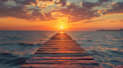 Wooden pier stretching into the ocean at sunset. A serene, golden hour escape to the water's edge.