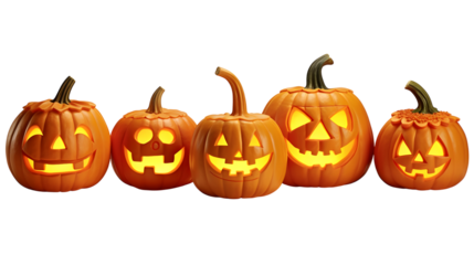 Jack-o'-lanterns in the glow: An array of illuminated, grinning jack-o'-lanterns. Each pumpkin displays a unique carving. The warm light creates a playful and inviting atmosphere.