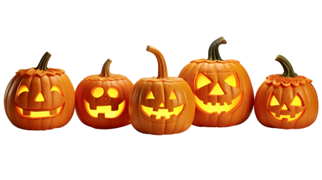 Jack-o'-lanterns in the glow: An array of illuminated, grinning jack-o'-lanterns. Each pumpkin displays a unique carving. The warm light creates a playful and inviting atmosphere.