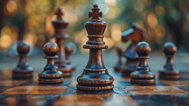 Chess game pieces on a wooden chessboard, with a king chess piece in focus and a blurred background