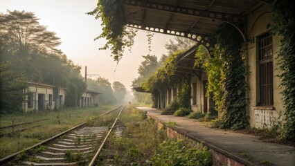 Fototapeta premium Overgrown railway station with tracks disappearing into the distance on a misty morning