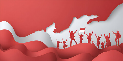 Silhouetted People Celebrating with Flag on Red and White Abstract Background. Indonesian flag