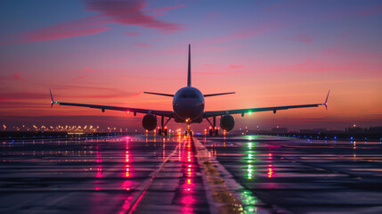 An airplane at the end of a wet runway reflects colorful lights under a dramatic, dynamic sky at dusk.