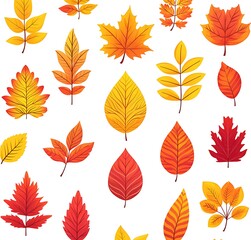 Obraz premium Autumn leaves in warm yellow orange and red colors on white background fall leaf