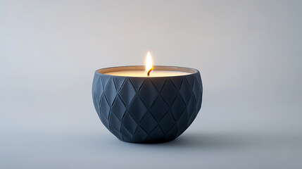 Close up of a lit candle in a dark blue patterned bowl on a light surface