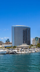 USA, California, San Diego Bay marina and Seaport Village in downtown near Gaslamp Quarter.